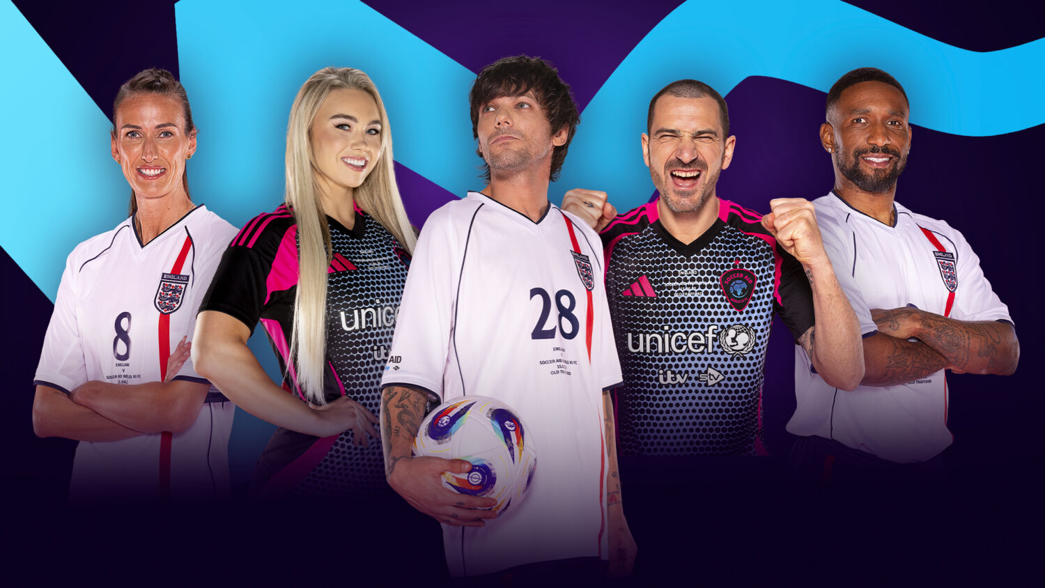 Jill Scott, Diamond, Louis Tomlinson, Leonardo Bonucci, Jermain Defoe pose in football jerseys.